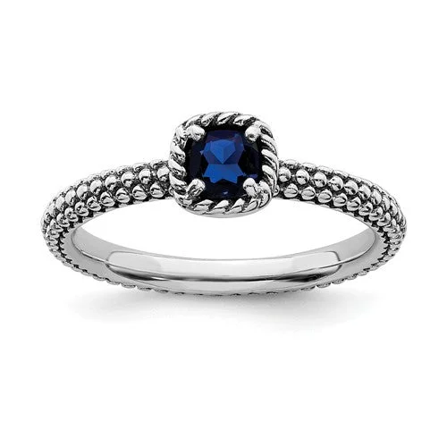 Affordable Gemstone Wedding Rings For Budget Brides-Sterling Silver Stackable Expressions Created Blue Sapphire Cushion Ring