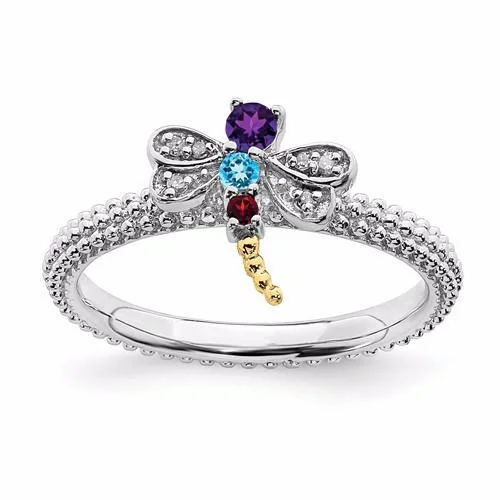 Beautiful Custom Engagement Rings For Unique Brides-Sterling Silver & 14k Gold Stackable Expressions Gemstone Diamond Dragonfly Ring