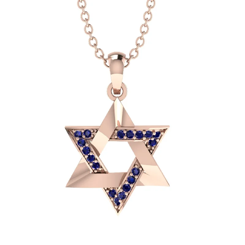 Jewish Symbol Gold Sapphire Necklace - David Star - Amos No. 14