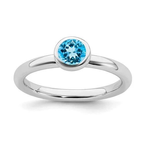 Sparkling Cocktail Rings For Special Celebrations-Sterling Silver Stackable Expressions Low 5mm Round Blue Topaz Ring