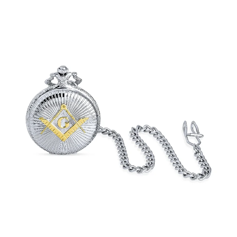 Affordable Swiss Watches For Everyday Wear-Men's Two Tone Freemason Pocket Watch Roman Numeral Dial Silver Gold Chain