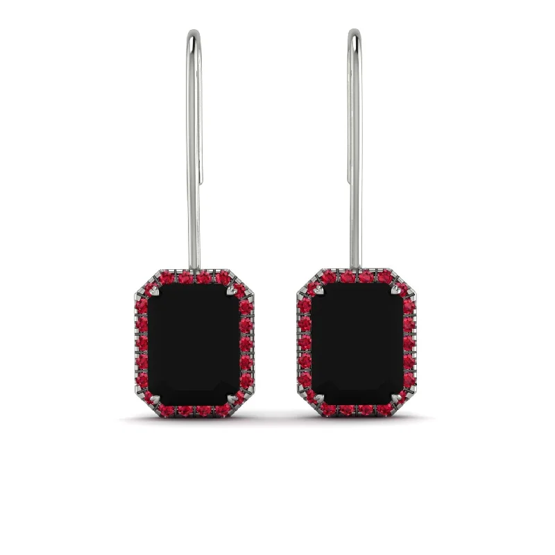 Sparkling Drop Earrings For Glamorous Look-Halo Emerald Cut Black Diamond Earrings - Izabella No. 54