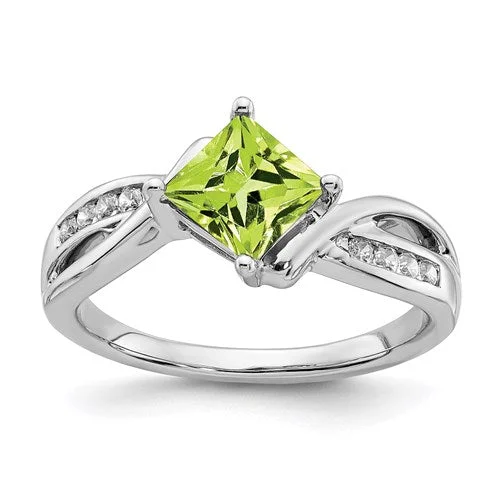 Simple Gemstone Rings For Everyday Wear-14k White Gold Peridot Square and Diamond Ring