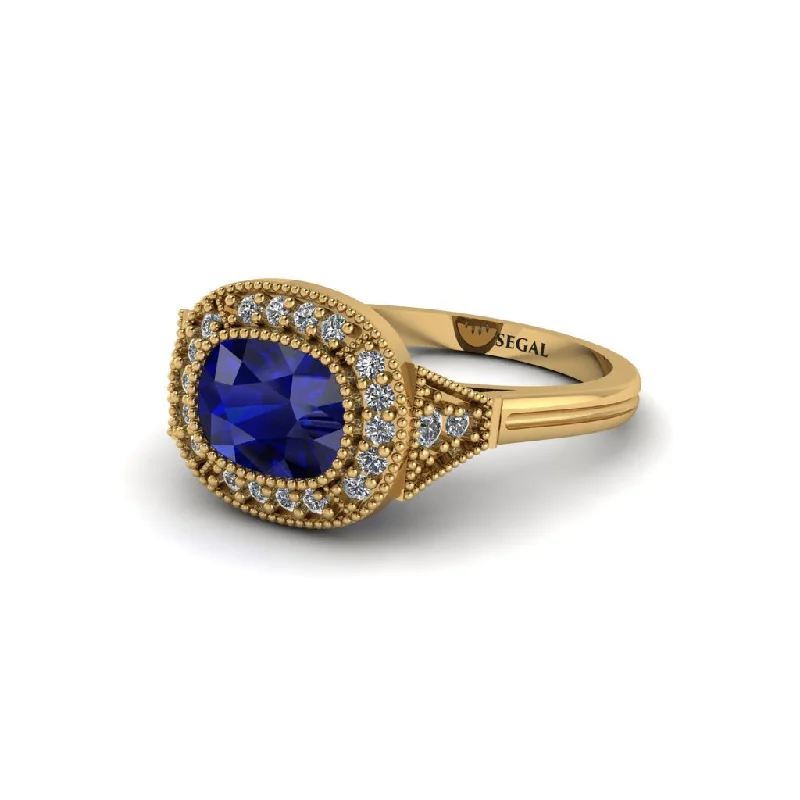 Simple Custom Wedding Rings For Unique Style-Cushion Cut Sapphire Milgrain Halo Engagement Ring - Blake No. 13