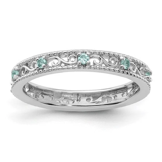 Bold Engagement Rings For Creative Proposals-Sterling Silver Stackable Expressions Genuine Light Aquamarine Filigree Ring