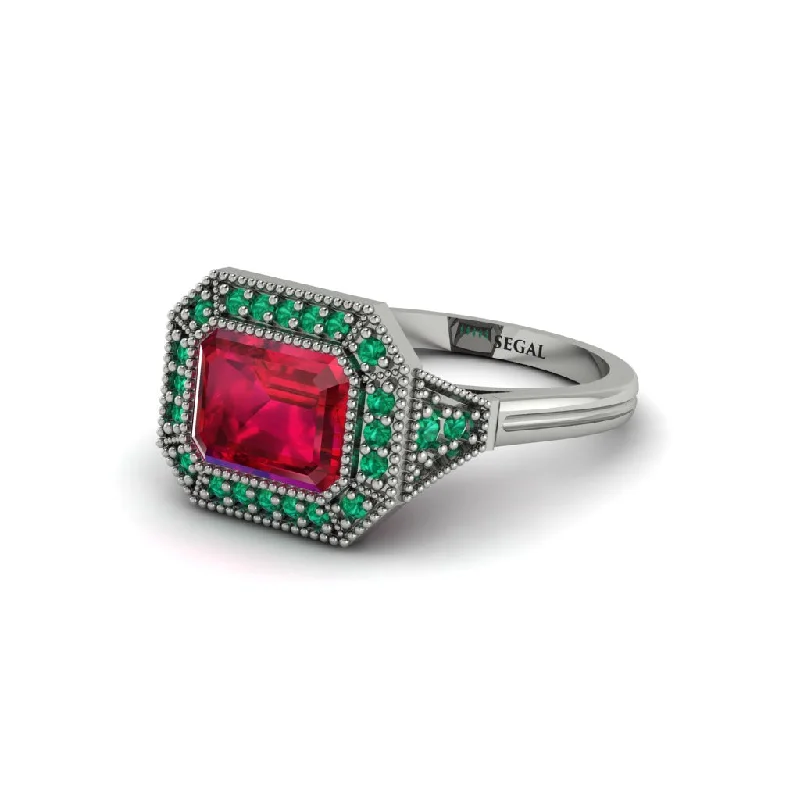 Timeless Wedding Bands For Everlasting Love-Emerald Cut Ruby Milgrain Halo Engagement Ring - Juniper No. 27