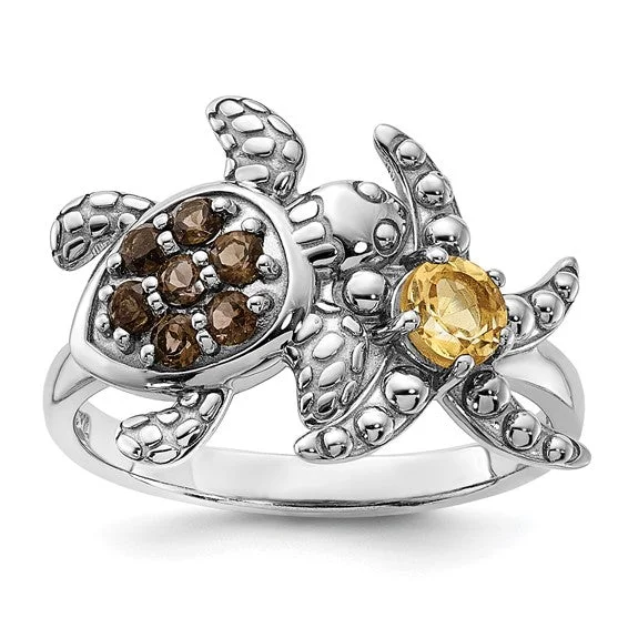 Unique Gemstone Rings For Colorful Fashion-Sterling Silver Smoky Quartz and Citrine Turtle and Starfish Ring