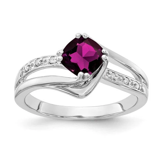 Classic Solitaire Wedding Rings For Elegant Glam-Sterling Silver Cushion Rhodolite Garnet and Diamond Ring Size 7