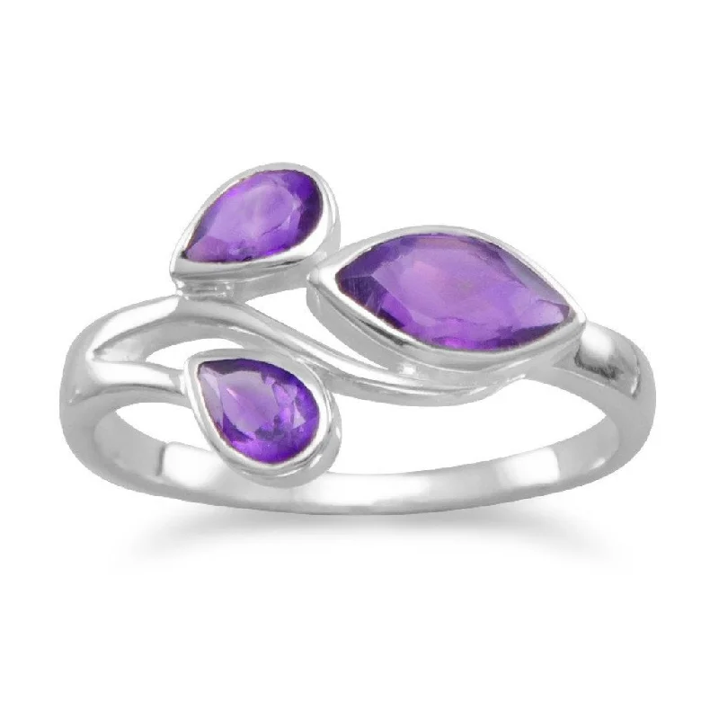 Custom Diamond Rings For Personalized Glam-Sterling Silver Pear and Marquise Amethyst Ring - Size 6.75