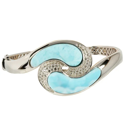 Luxury Gemstone-Studded Bangles For Elegant Fashion-Sterling Silver Larimar Wave with CZ Bangle Bracelet