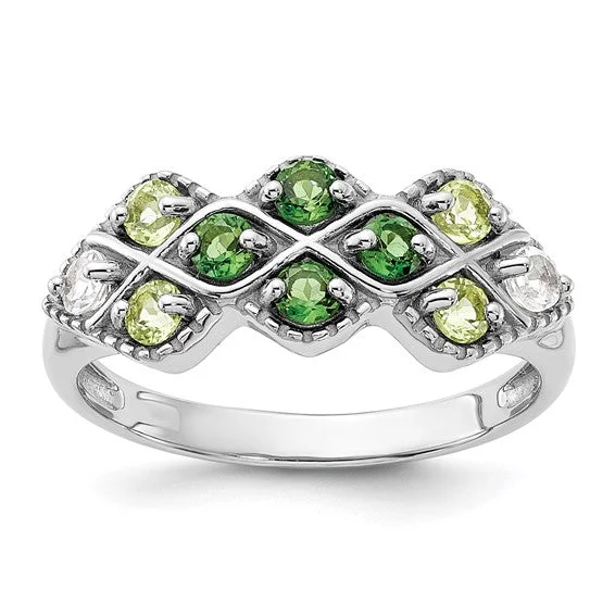 Luxury Platinum Engagement Rings For Brides-Sterling Silver Chrome Diopside Peridot and White Topaz Ring