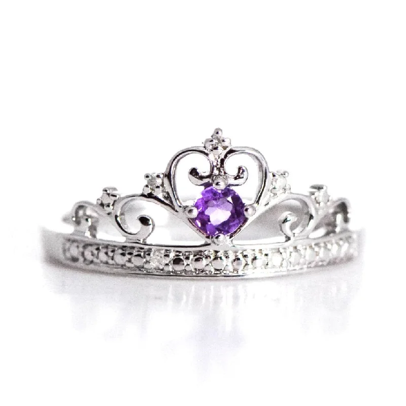 Bold Engagement Rings For Creative Proposals-Sterling Silver Genuine Amethyst and Diamond Princess Crown Ring