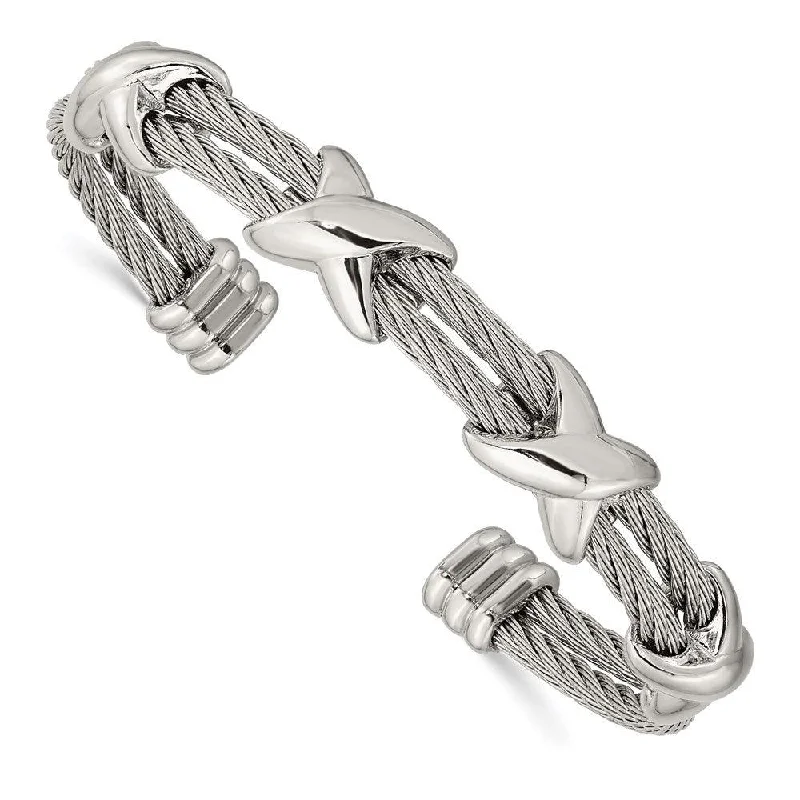 Unique Open Bangles For Trendy Fashion-Stainless Steel Polished Cable Cuff Bangle