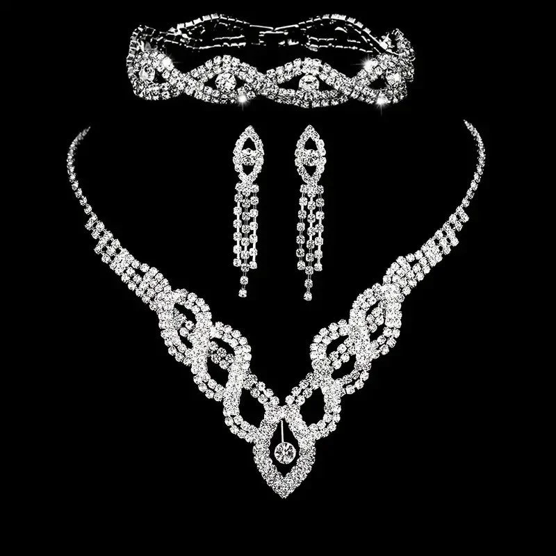 4pcs SILVER Jewelry Set l Rhinestone Pearls Earrings l Necklace l Bracelet l Prom l Wedding JS-912