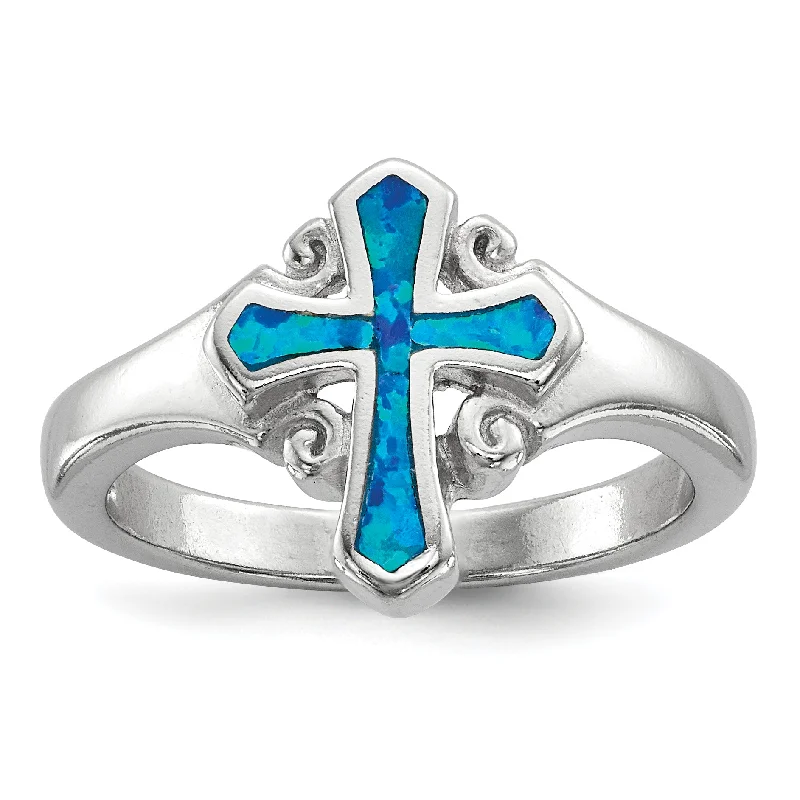 Custom Wedding Bands For Fashion-Forward Couples-Sterling Silver Blue Created Opal Inlay Cross Ring