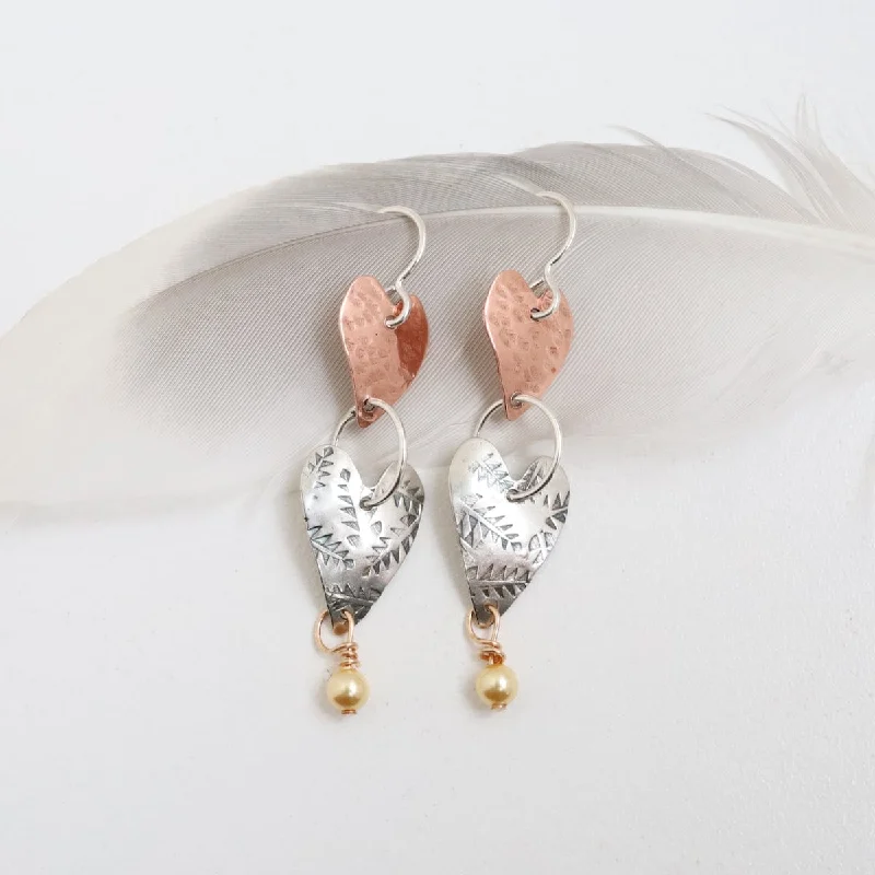 Artistic Beaded Earrings For Boho Style-Double Heart Earring With Pearl Earrings