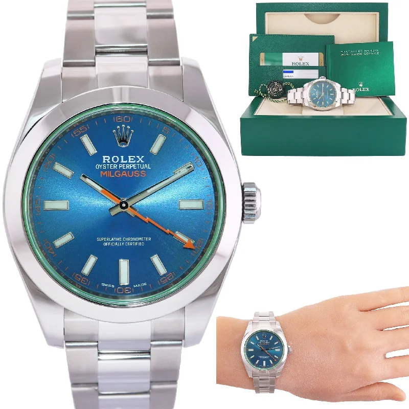 Stunning Diamond-Set Watches For High-End Fashion-2018 MINT PAPERS Rolex Milgauss Blue Dial Anniversary Green 116400GV Steel Watch