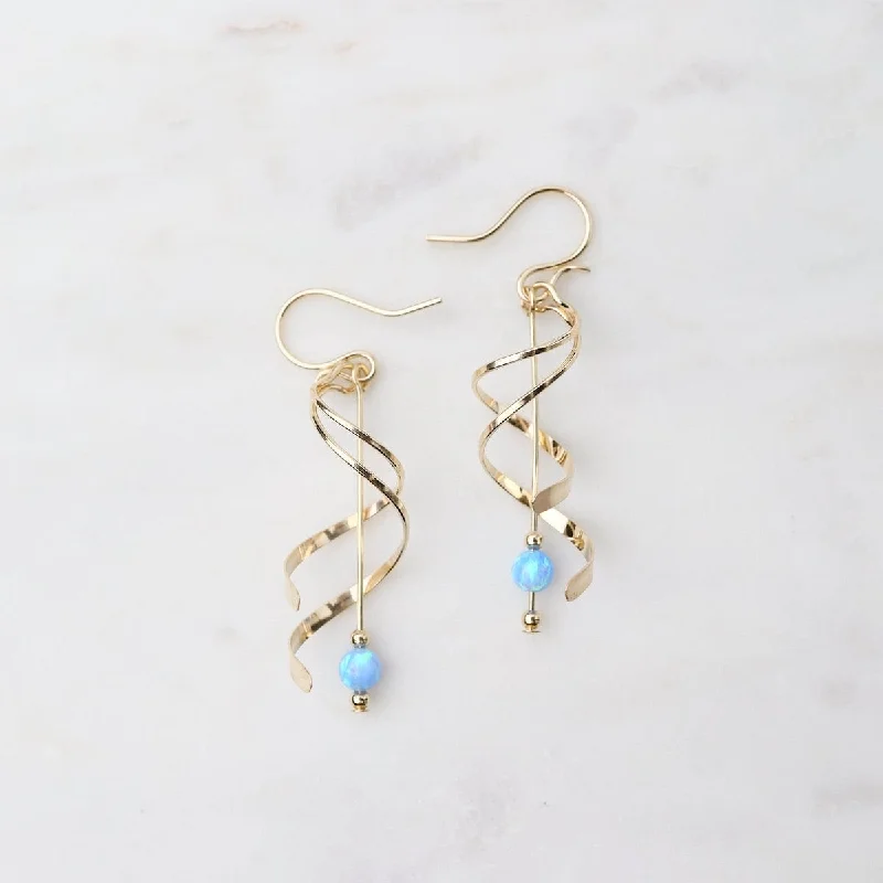 Silver Earrings For Everyday Glam-Double Spiral with Hanging Blue Opal Ball Earrings