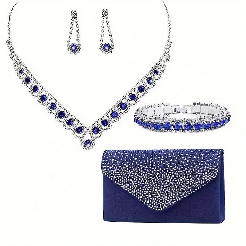 5pcs SILVER  Blue Jewelry Set l Rhinestone Earrings l Necklace l Bracelet l Prom l Wedding  JS-922