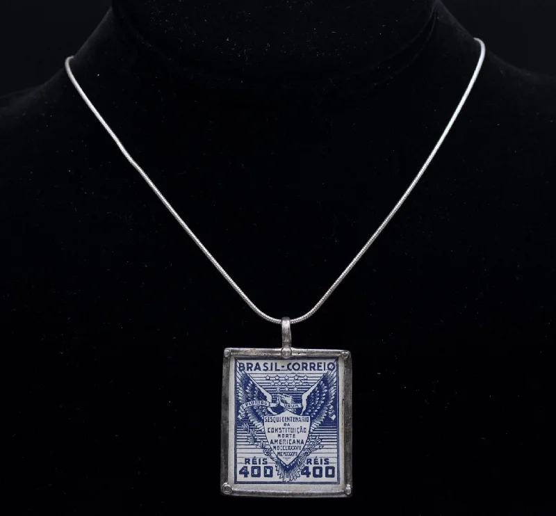 Vintage 1937 Brazilian Sesquicentennial Stamp Sterling Silver Pendant Necklace - 18"