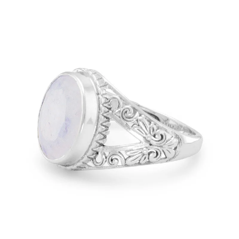 Elegant Cocktail Rings For Evening Glam-Sterling Silver Ornate 12mm Oval Rainbow Moonstone Ring