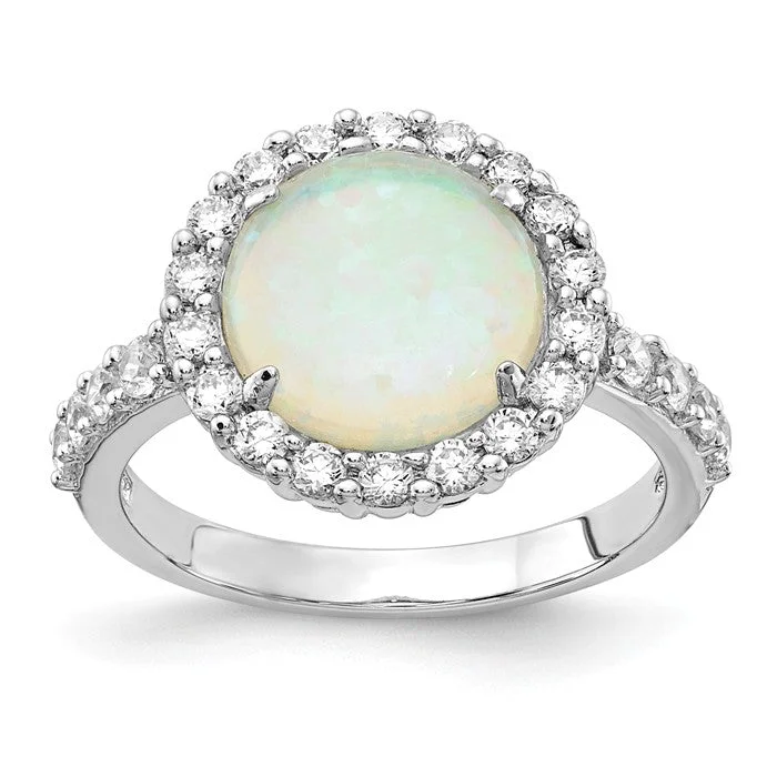 Elegant Wedding Bands For Romantic Vows-Cheryl M Sterling Silver Round White Created Opal & CZ Halo Ring