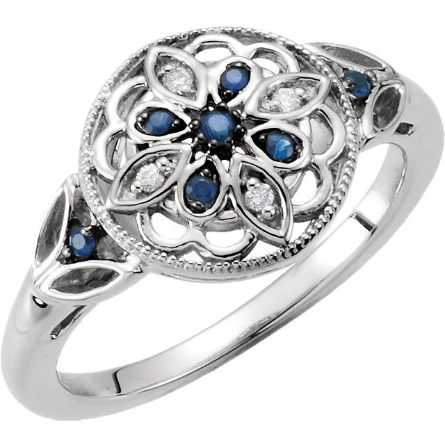 Classic Gold Wedding Rings For Lasting Love-Sterling Silver Genuine Blue Sapphire & Diamond Floral Filigree Ring