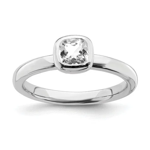 Bold Engagement Bands For Unique Proposals-Sterling Silver Stackable Expressions Cushion Cut April White Topaz Ring