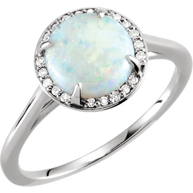 Simple Custom Rings For Thoughtful Gifts-14k Gold 8mm Round Genuine Australian Opal & .05 CTW Diamond Halo Ring