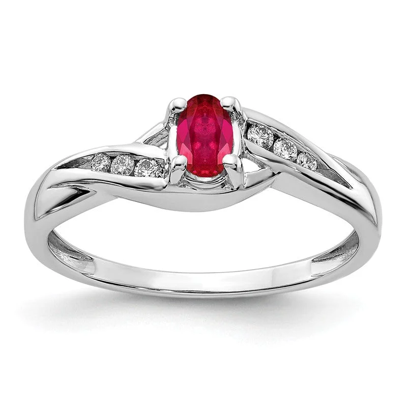 Luxury Wedding Rings For Elegant Weddings-14k White Gold Genuine Oval Ruby & Diamond Ring