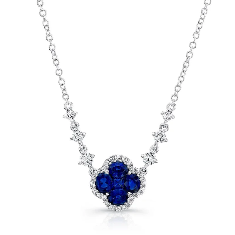 Uneek Precious Collection Floral Round Blue Sapphire Drop Necklace