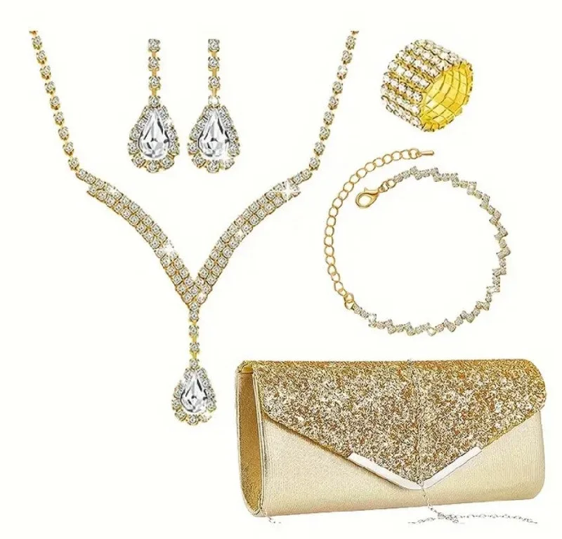 6pcs SILVER GOLDJewelry Set l Rhinestone Earrings l Necklace l Bracelet l Prom l Purse Wedding JS-921