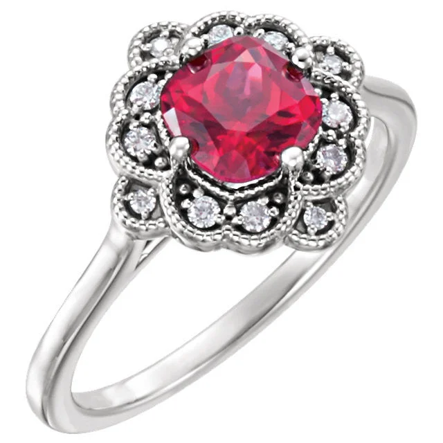 Sparkling Diamond Engagement Rings For Brides-14k White Gold Cushion Lab Created Ruby & 1/10 CTW Diamond Floral Halo Ring