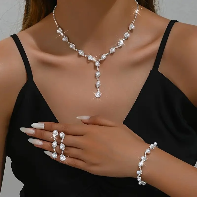 4pcs SILVER Jewelry Set l Rhinestone Pearls Earrings l Necklace l Bracelet l Prom l Wedding JS-910