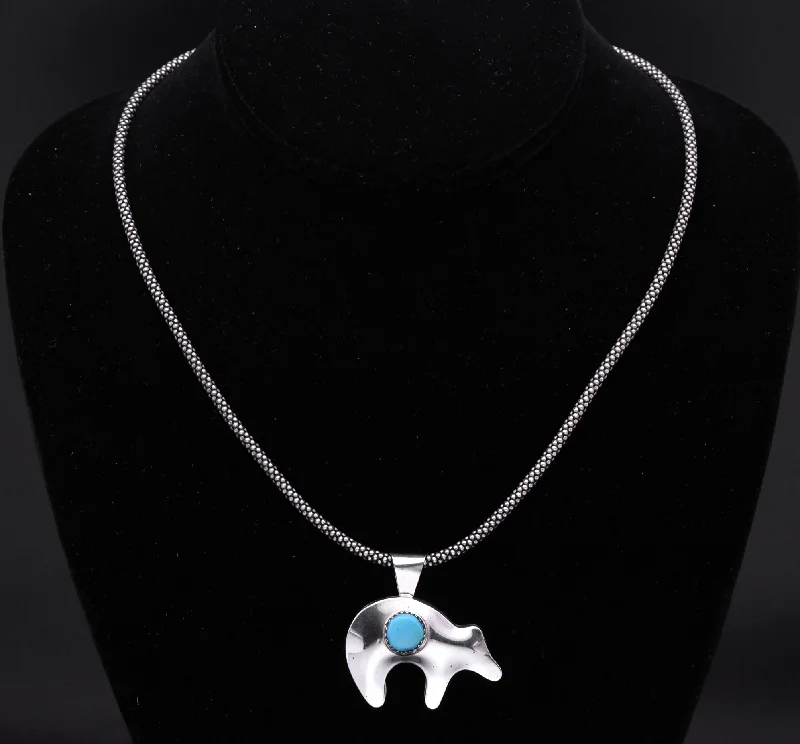 Vintage Handmade Turquoise and Sterling Silver Bear Pendant Necklace - 18.25"