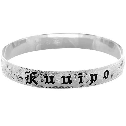 Unique Ethnic Bangles For Cultural Fashion-Sterling Silver Custom-Made Plumeria King Scroll Black Enamel Letter Smooth Edge Bangle (Heavy 1.75)