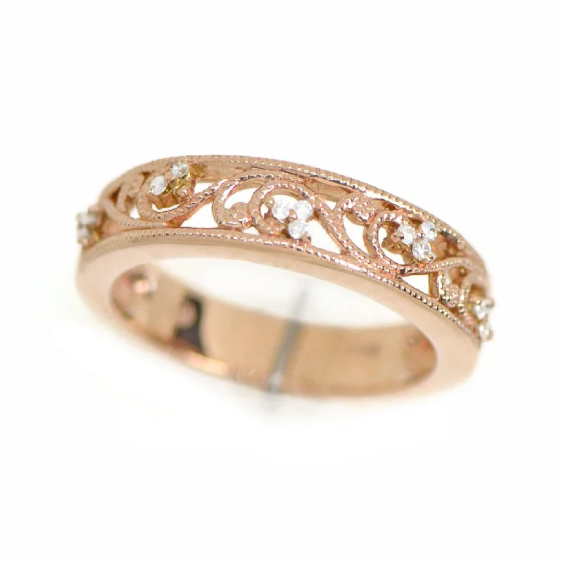 Elegant Gold Wedding Rings For Classic Fashion-14k Rose Gold Floral Filigree 0.15 Ct Diamond 5mm Wedding Anniversary Band