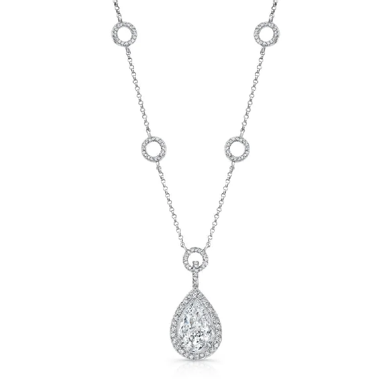 Uneek Pear-Shaped Diamond Pendant Necklace with Milgrain-Lined Teardrop Halo and Round Pave Links