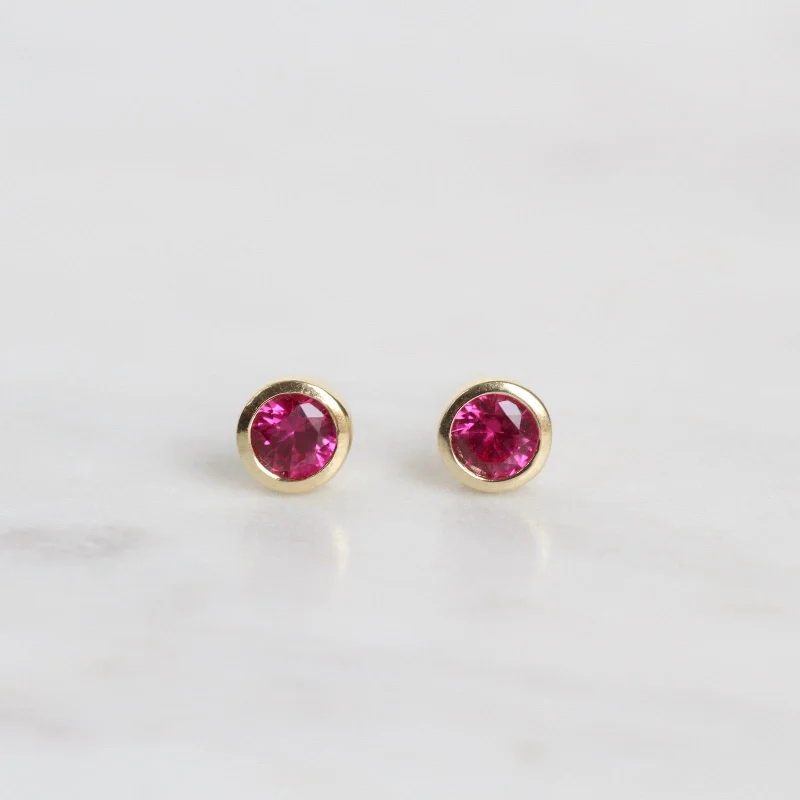 Classic Hoop Earrings For Everyday Wear-Mini Synthetic Red Ruby Dot Post Earrings ~ Gold Plated