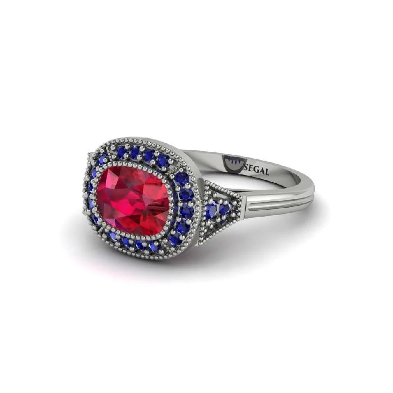 Bold Engagement Bands For Unique Proposals-Cushion Cut Ruby Milgrain Halo Engagement Ring - Blake No. 72