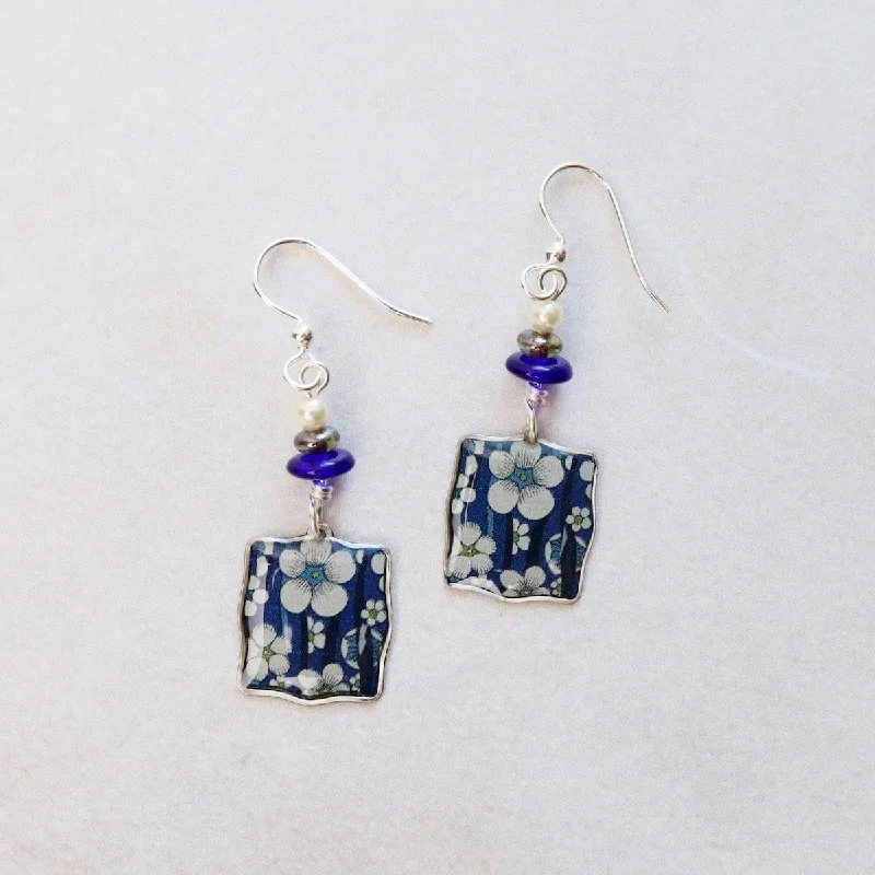 Pearl Earrings For Wedding Jewelry-Blue and White Flowers Square Earrings