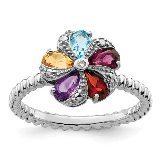 Simple Diamond Rings For Subtle Elegance-Sterling Silver Multi Gemstone & Diamond Ring