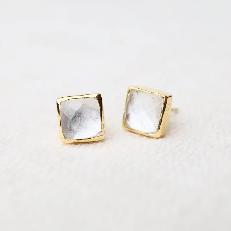 Handmade Resin Earrings For Bold Style-Madeline Stud Earrings - Vermeil Square - Clear Quartz