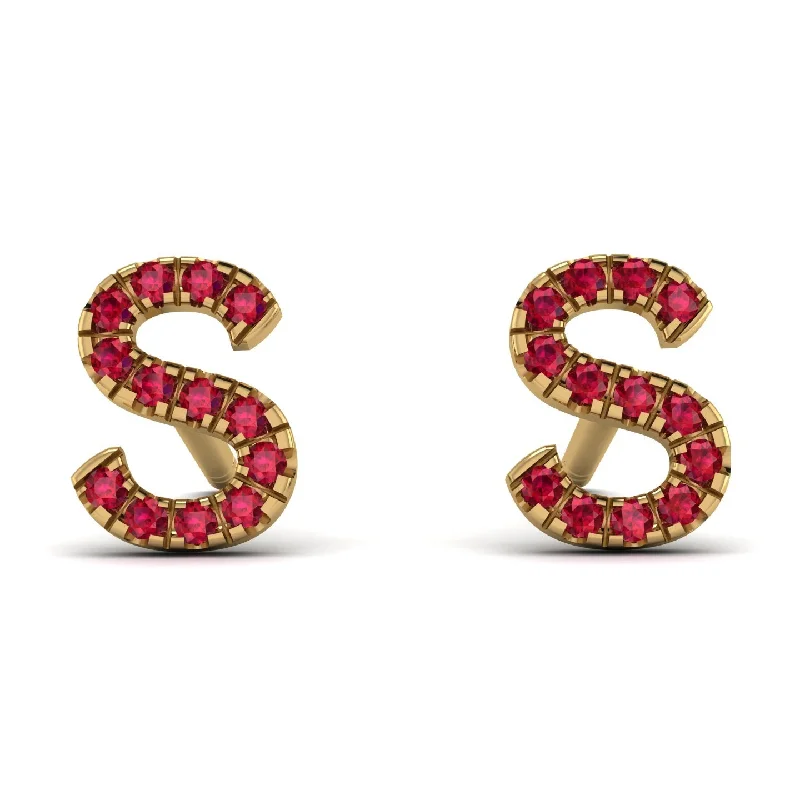 Designer Earrings For Upscale Fashion-Personalised Initial Ruby Earrings - Gloria No. 10