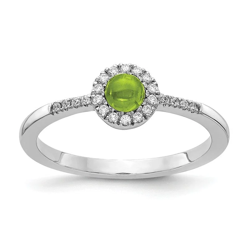 Timeless Wedding Rings For Classic Brides-14k White Gold Diamond Halo And Peridot Chabochon Ring