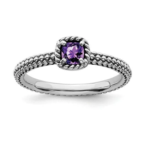 Stunning Rose Gold Wedding Rings For Romantic Glam-Sterling Silver Stackable Expressions Checker-Cut Amethyst Antiqued Ring