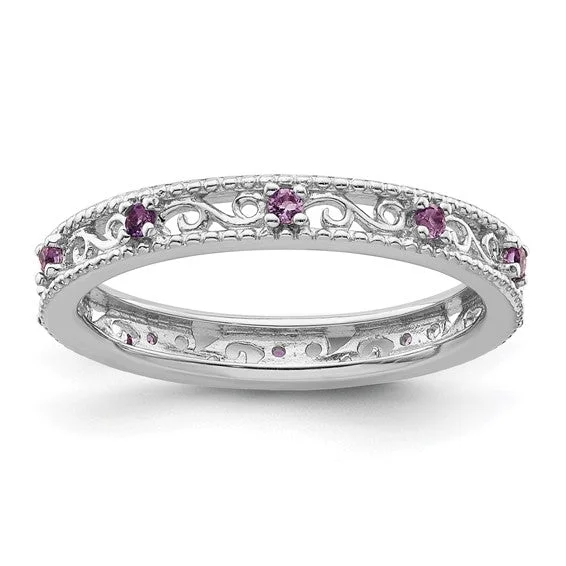 Unique Stackable Engagement Rings For Layered Looks-Sterling Silver Stackable Expressions Amethyst Filigree Ring