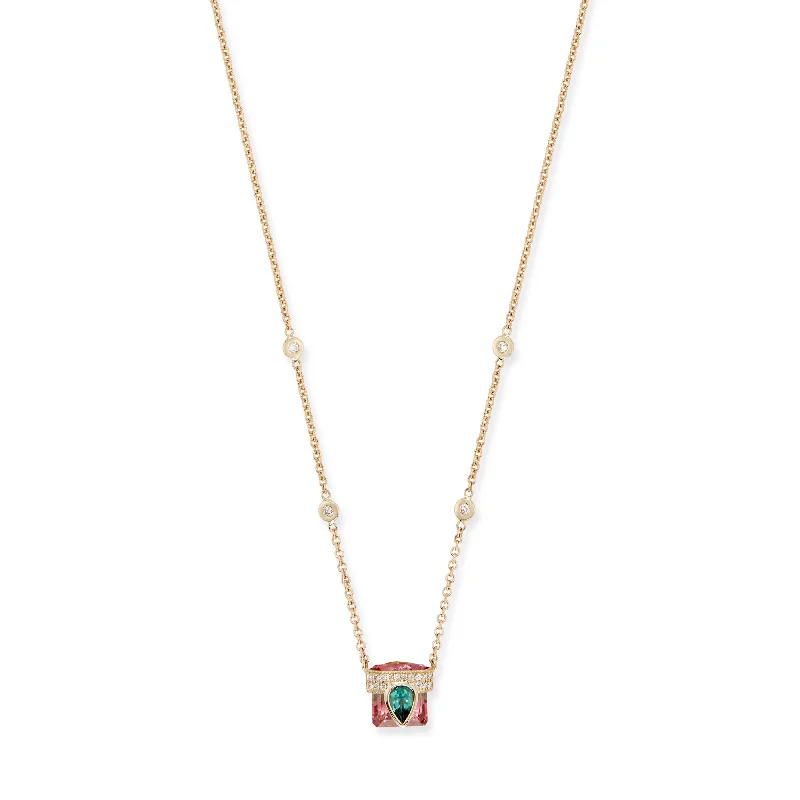 PAVE TEAL TOURMALINE TEARDROP CAP + WATERMELON TOURMALINE BAGUETTE NECKLACE