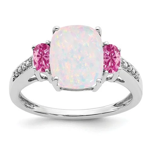 Simple Custom Rings For Thoughtful Gifts-14k White Gold Cushion Created Opal, Pink Sapphire And Diamond Ring