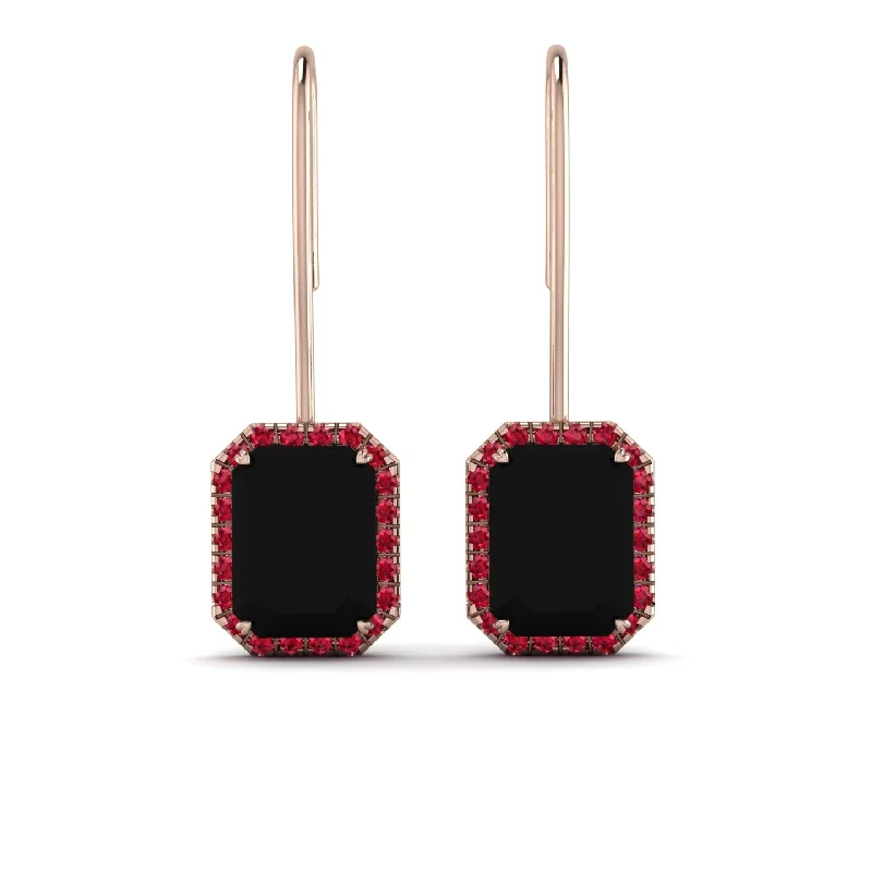 Colorful Earrings For Party Time-Halo Emerald Cut Black Diamond Earrings - Izabella No. 53